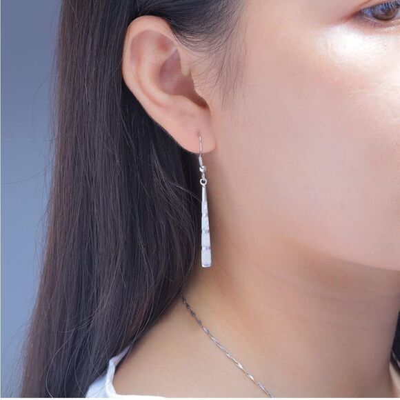 14K White Gold with Genuine White Fire Opal Dangling Hook Tapered Bar Earrings - Picture 4 of 5